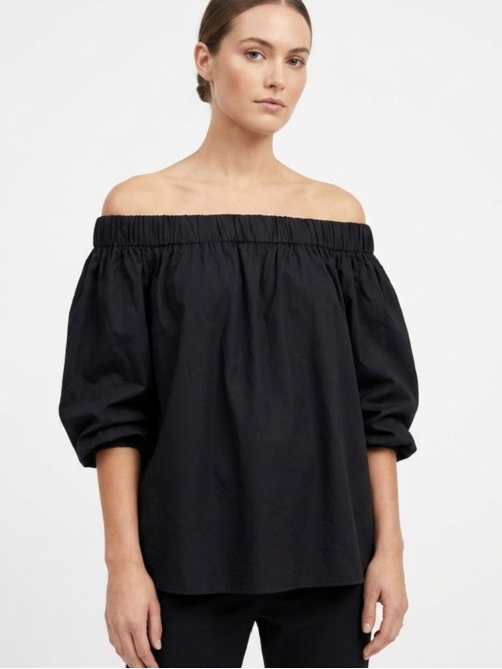 ELIZA FAULKNER (Mtl) Off-Shoulder Puff Sleeve Black Cotton Top, size M